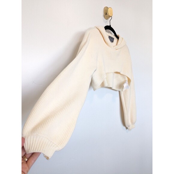Anthropologie Cropped Hoodie Womens Size S Ivory Ribbed Boho Casual Y2K Sweater - Picture 2 of 9